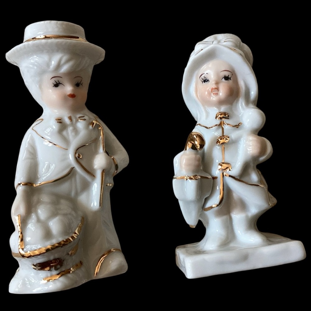Vintage Boy And Girl Figurine Set White with Gold Trim